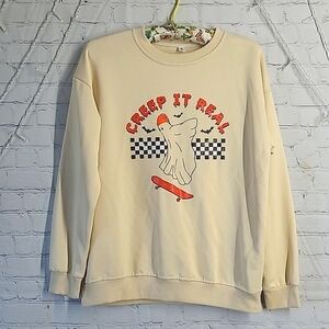 Creep It Real Skateboard Spooky Ghost Halloween Off White Sweater Womens Size S